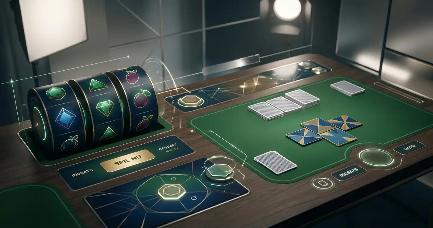 Illustreret casinomiljø med spillehjul, kortbord og live-elementer