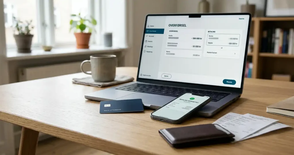 Mobiltelefon, betalingskort og bankapp ved siden af en bærbar computer