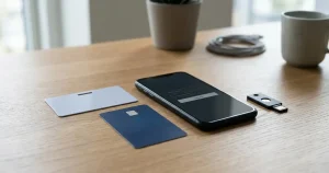 Mobiltelefon ved siden af et generisk ID-kort og betalingskort på et skrivebord