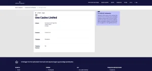Spillemyndighedens registervisning med One Casino Limited og onecasino.com